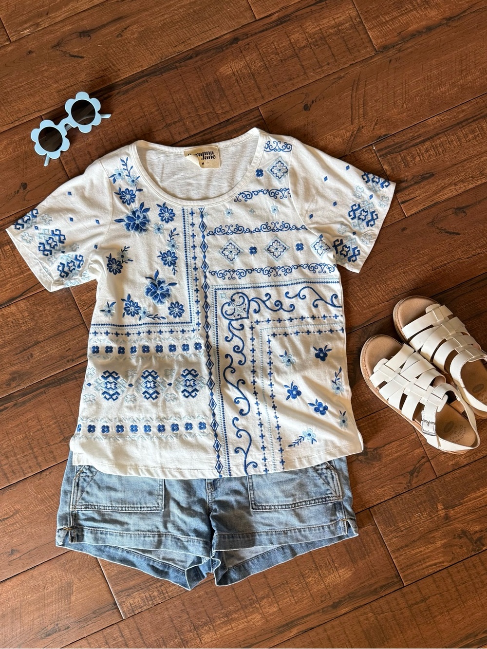 Savanna Jane Blue Embroidered Cotton Tee Boho Floral Relaxed Fit Top Medium